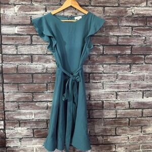 LOFT Outlet Teal Flutter Sleeve Tie Waist Dress Women Size 10